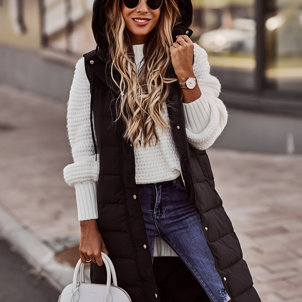 Dames lang gewatteerd vest met capuchon