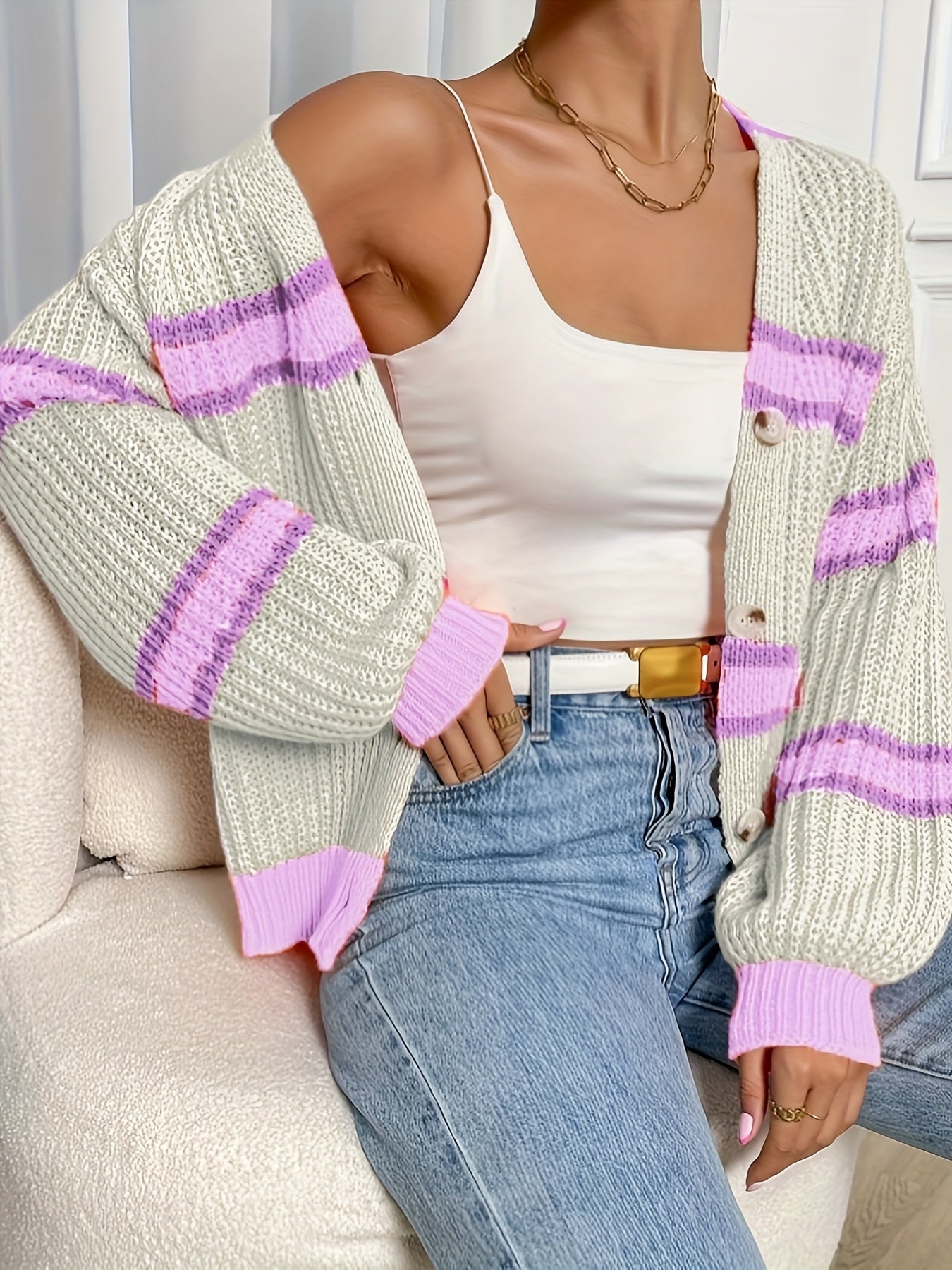 LUMMÉRAS Striped Button-Front Knit Cardigan