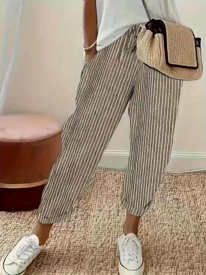 Dames hoog getailleerde gestreepte wijde broek