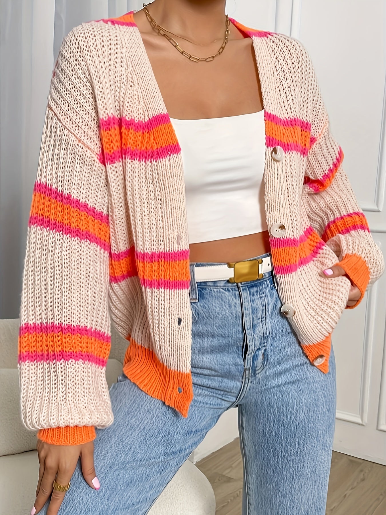 LUMMÉRAS Striped Button-Front Knit Cardigan