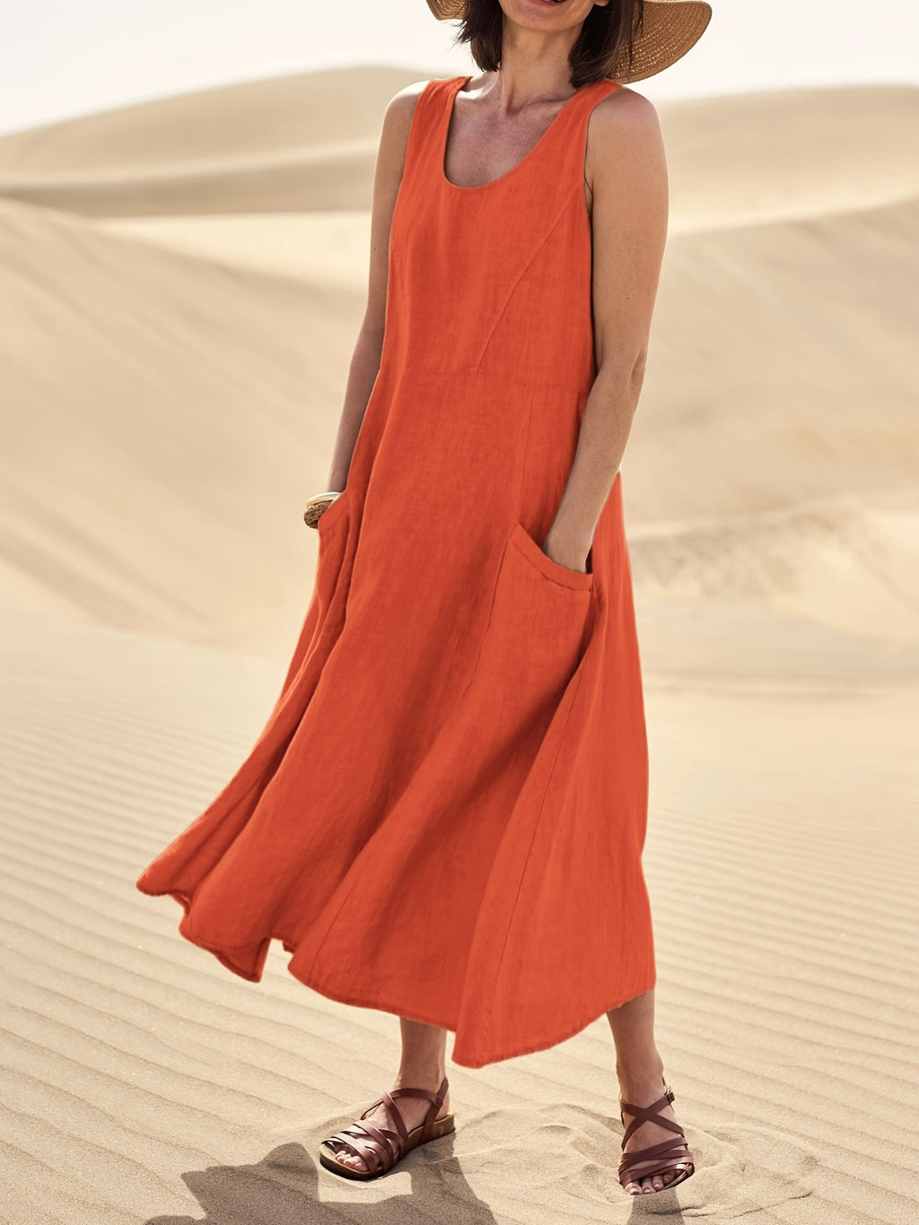 A-lijn mouwloze jurk van katoen en linnen
