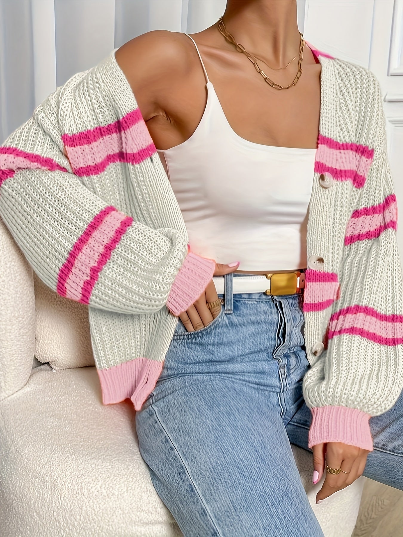 LUMMÉRAS Striped Button-Front Knit Cardigan
