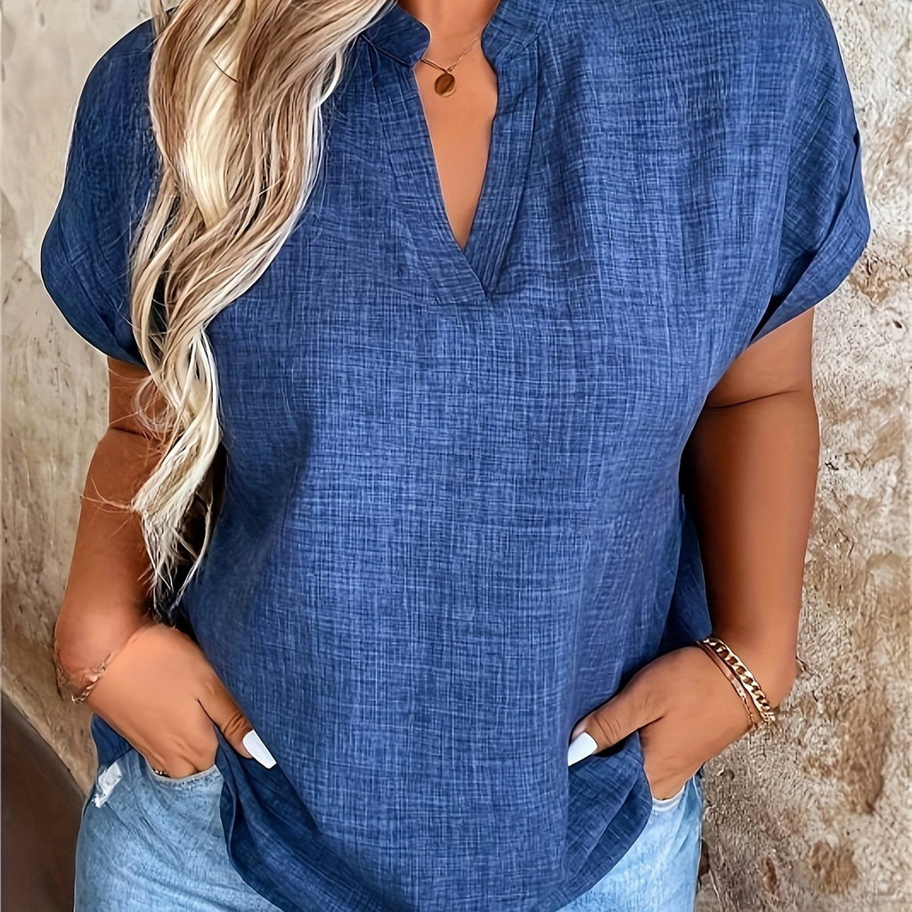 Casual V-hals blouse voor dames met kleine opstaande kraag. 